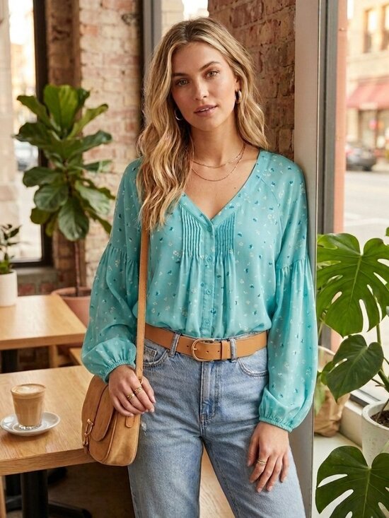 LC Lauren Conrad Tops - LC Lauren Conrad Women's Sz L Turquoise Blue Floral Semi-Sheer Blouse 3/4 Sleeve